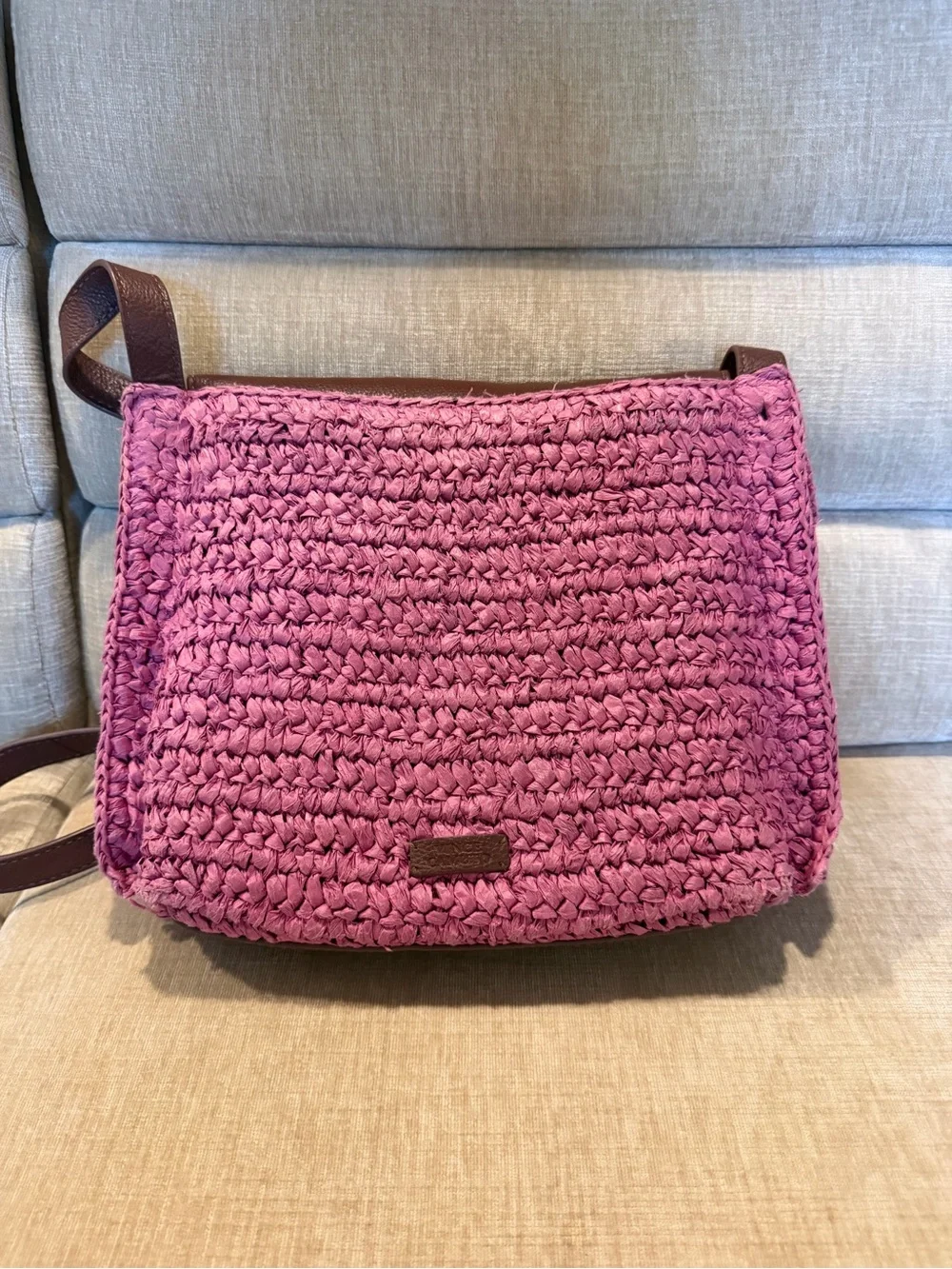 Vince Camuto Livee Raffia Large Crossbody Bag – Sandalwood/Rose Pink & Brown